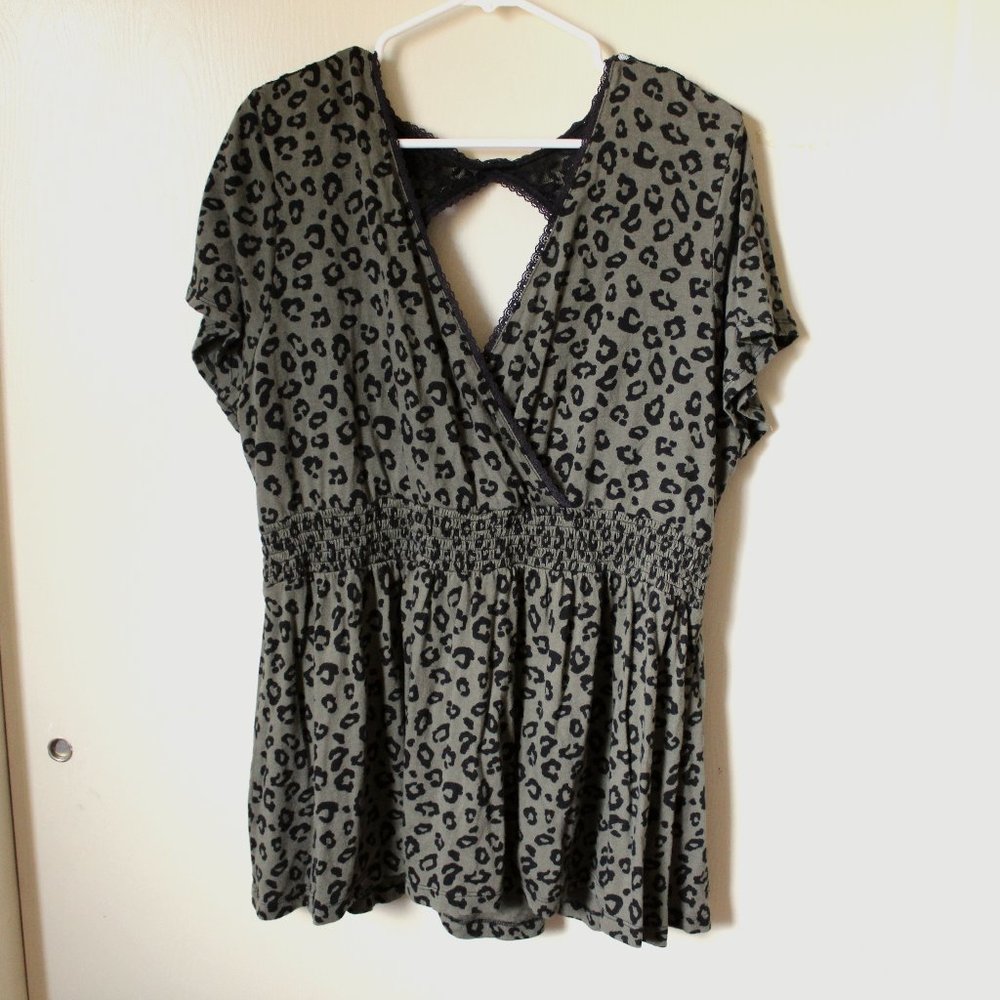 Torrid Green Leopard Print Lace Open Back Top - image 1